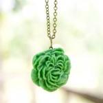 Green Matte Peony Flower Necklace, Vintage Style..