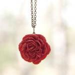 Red-crimson Peony Flower Cabochon Necklace Vintage..