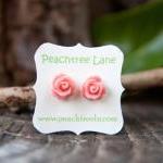 Coral Pink Rose Flower Stud Post Earrings,..