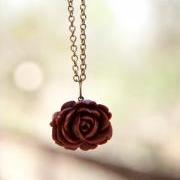 Red-Brown Vintage Style Rose Necklace with an Antique Brass Chain - Spice