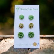 Light Green, Olive Green, Daisy Mum & Rose Cabochon Flower Post Earrings - Split Pea