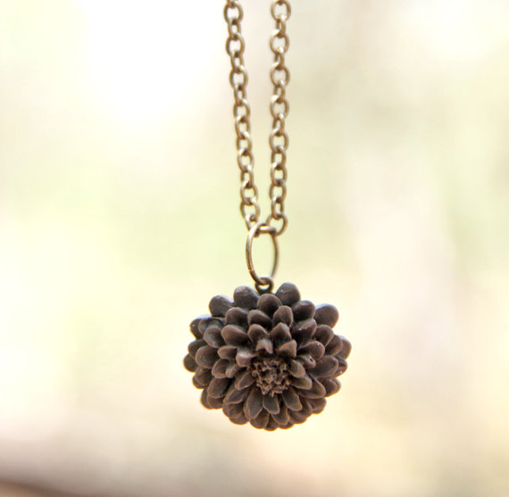 Deep Brown Chrysanthemum Flower Necklace Vintage Inspired Espresso on
