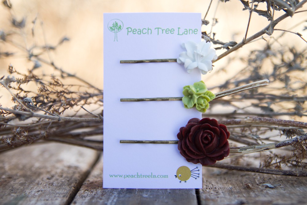 Brown Rose, White Lily, & Green Cabochon Hairpins Vintage Style - Juniper