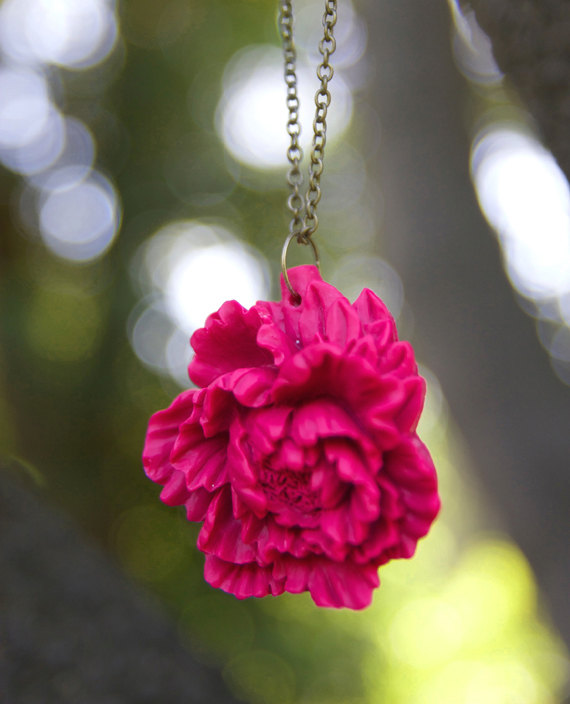 Deep Pink Peony Flower Necklace Vintage Style - Raspberry
