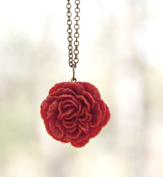 Red-crimson Peony Flower Cabochon Necklace Vintage Style Perfect For Bridesmaid Gifts - Ruby