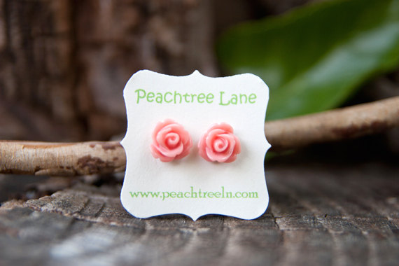 Coral Pink Rose Flower Stud Post Earrings, Bridesmaid Jewelry - Petal