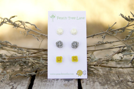Mustard Yellow, Grey, & Cream-ivory Flower Post Earrings Perfect For Bridesmaid Gifts - Heather