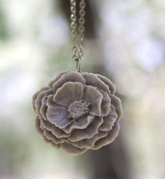 Large Grey Peony Rose Flower Necklace Vintage Style