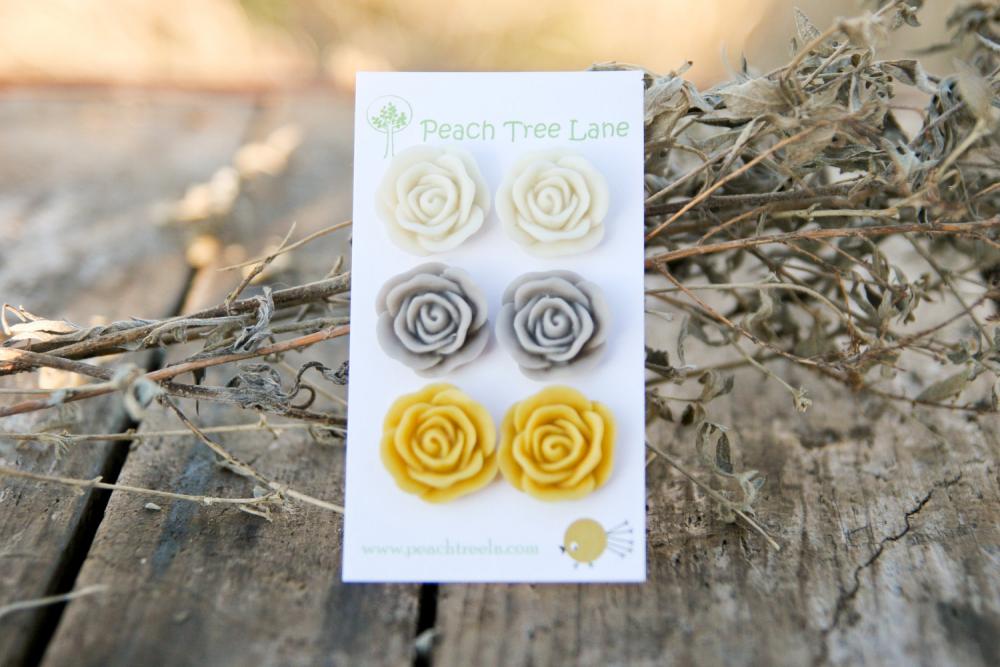 Large Rose Mustard Yellow, Cream, Grey Stud Earrings Perfect For Bridesmaid Gifts Or Bridal Jewelry