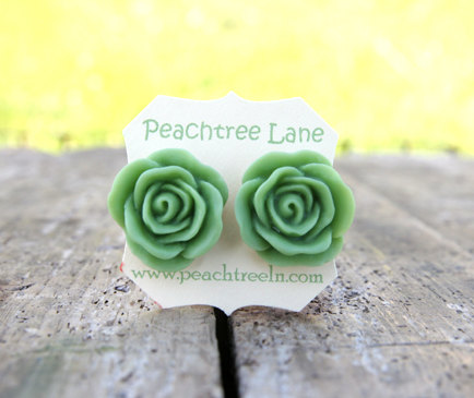 Large Apple Green Rose Flower Stud Earrings perfect for Bridesmaid or Maid of Honor Gifts