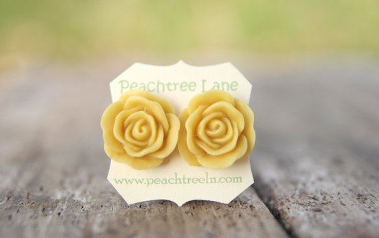 Large Mustard Yellow Rose Flower Earring Posts Maid Of Honor Gifts, Bridesmaid Gifts